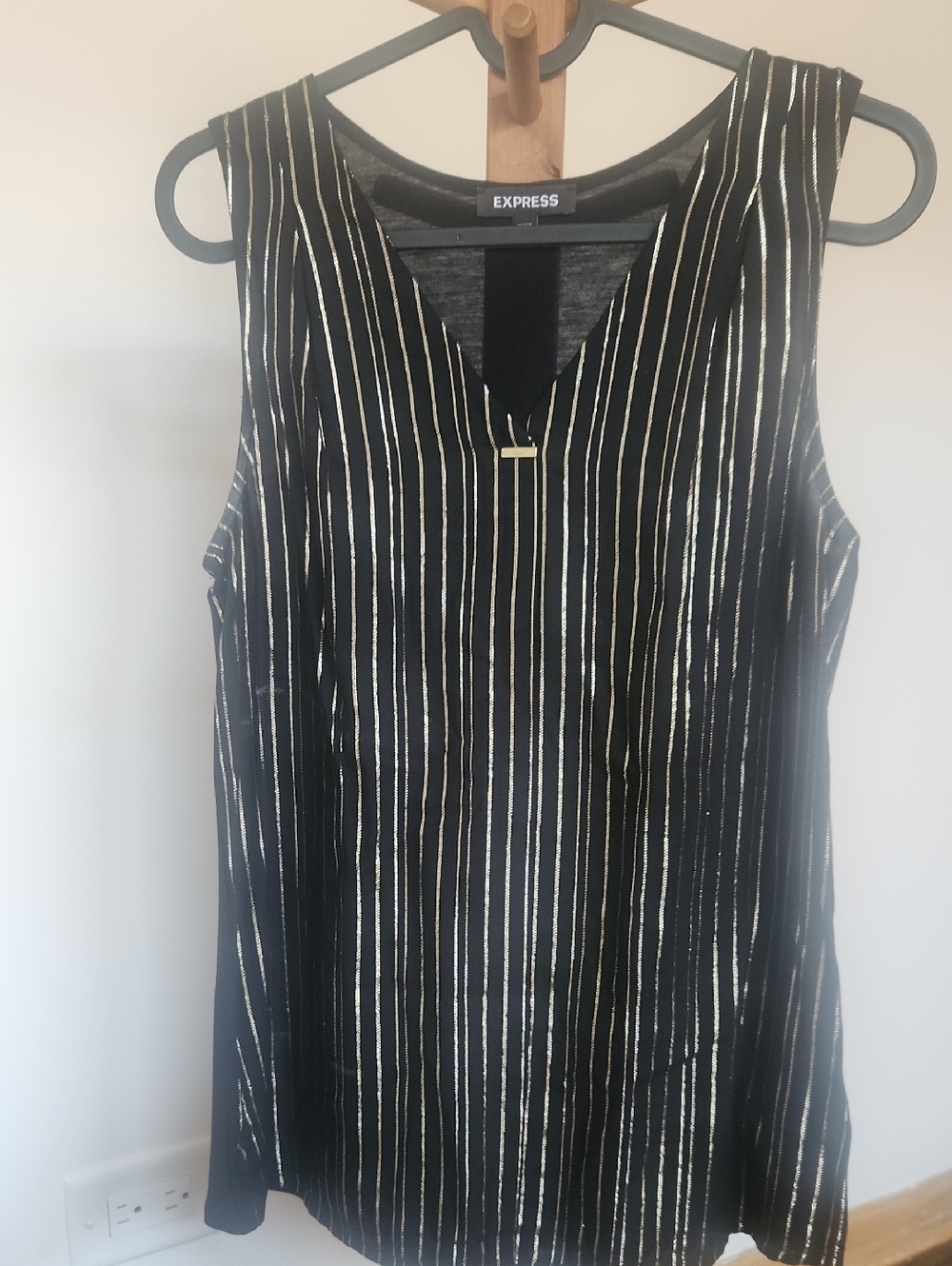 Express Black Sleeveless V-Neck Tank with Gold Stripes
